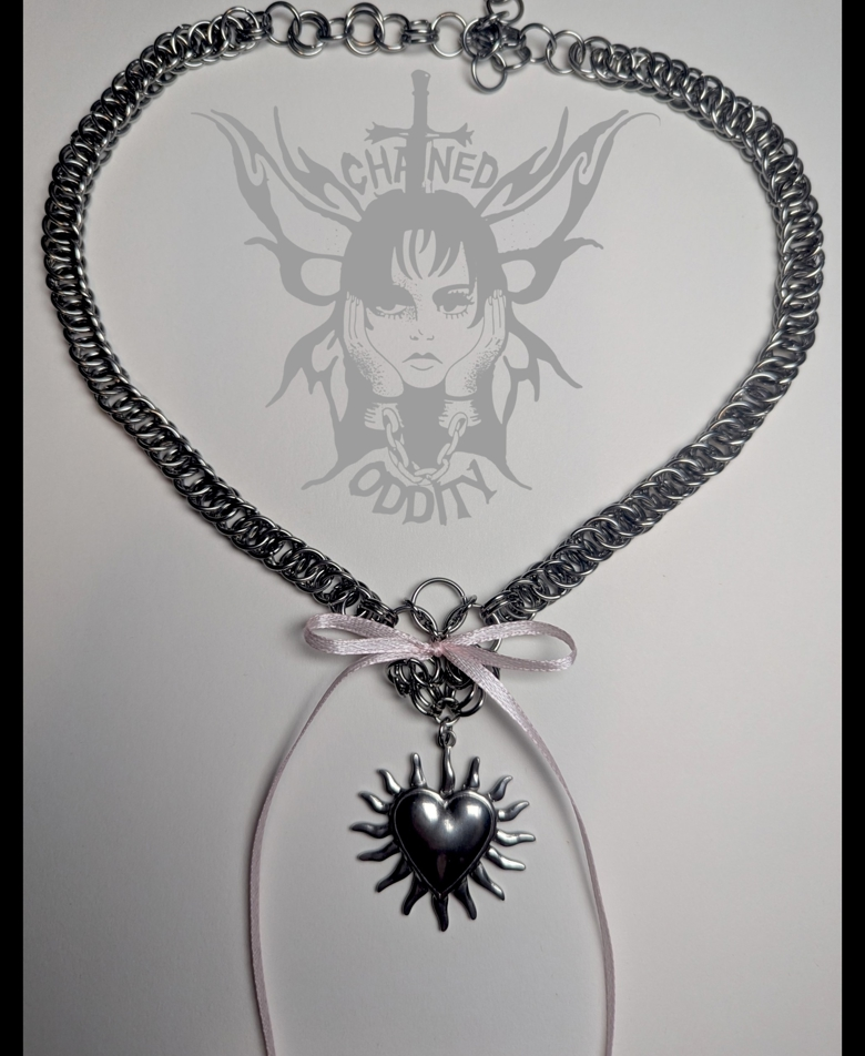 PINK RIBBON HEART CHAINMAIL NECKLACE