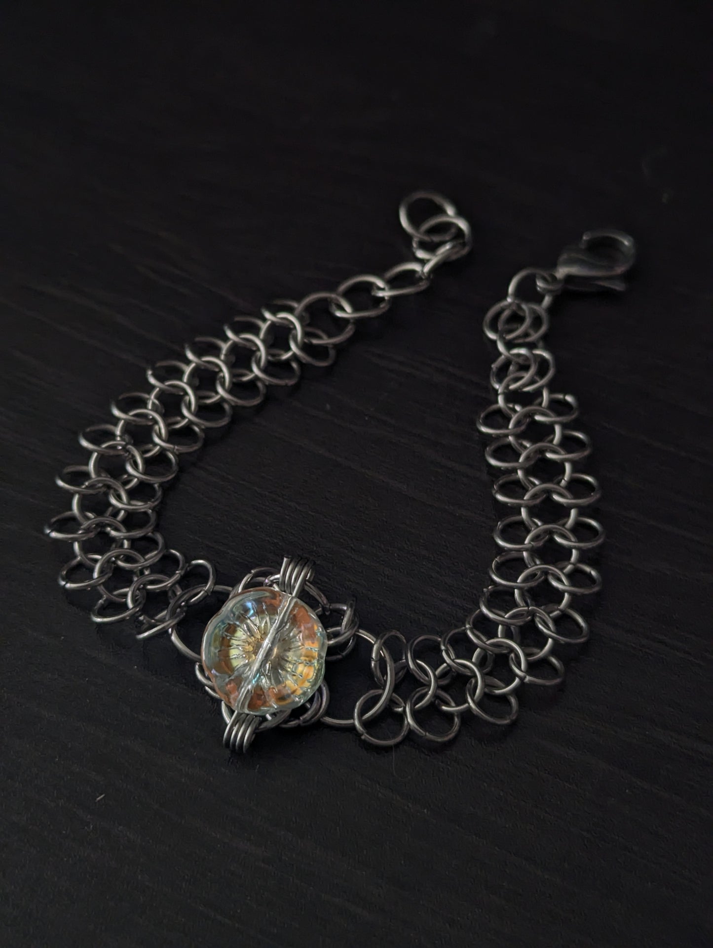 Irridescent Flower Bead Chainmail Bracelet