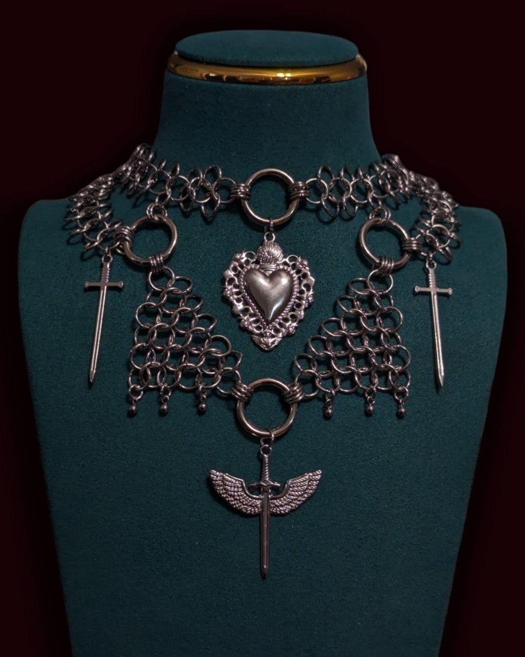 Sacred Heart and Swords Chainmail Layered Necklace
