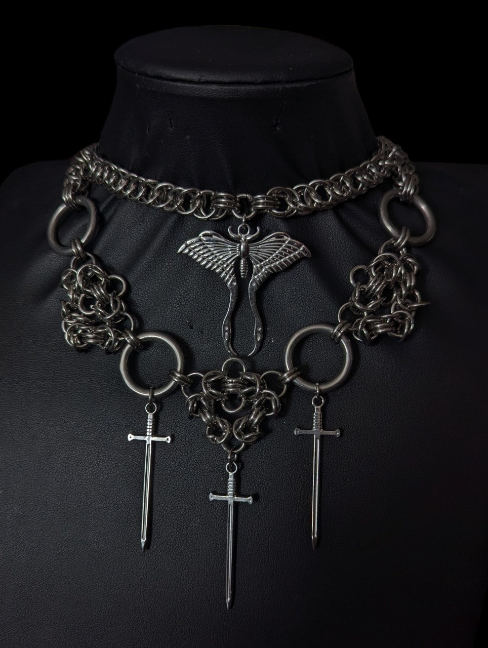 Moth and Daggers Chainmail Necklace
