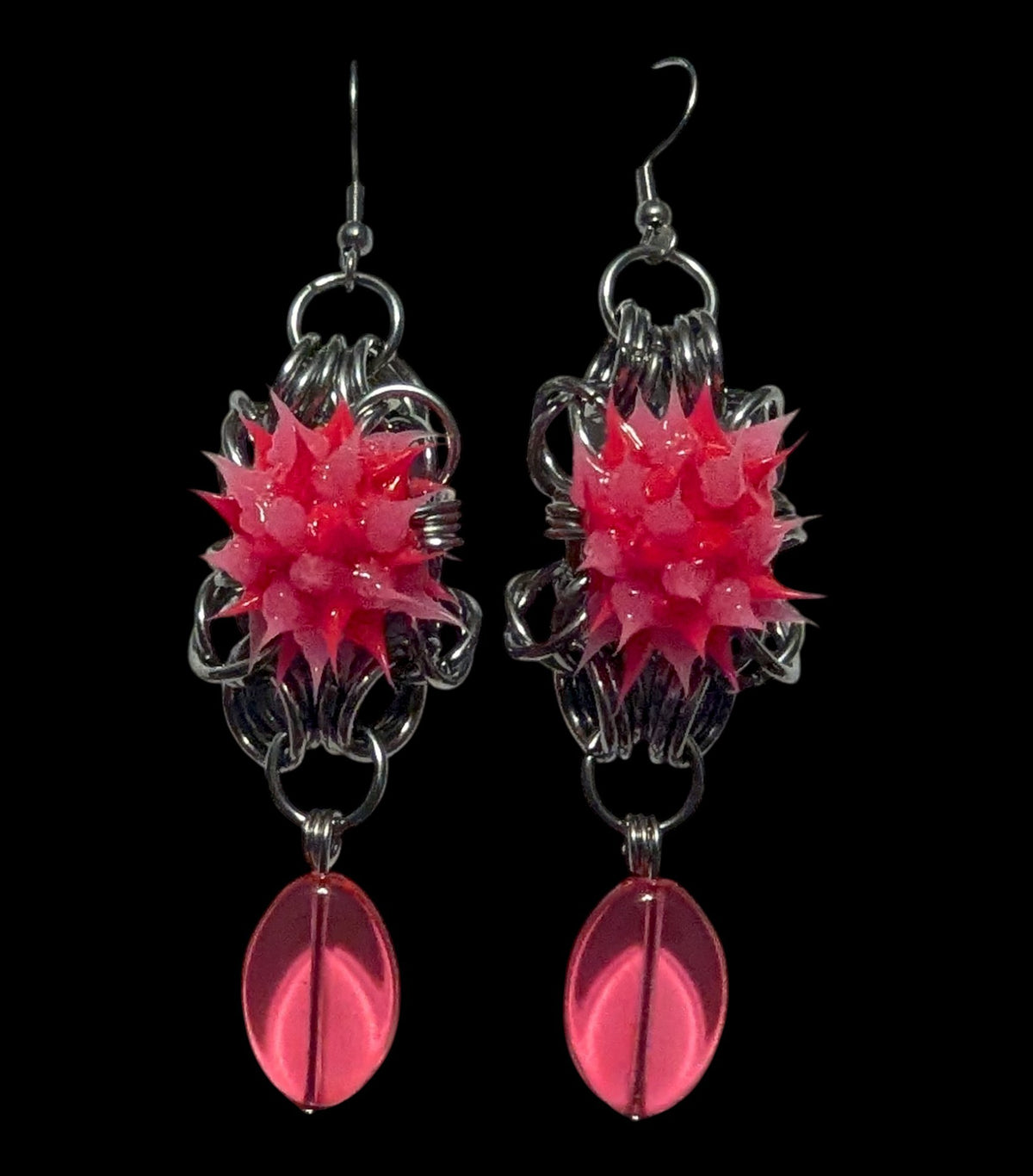 Hot Pink Spikey Rubber Beaded Chainmail Earrings