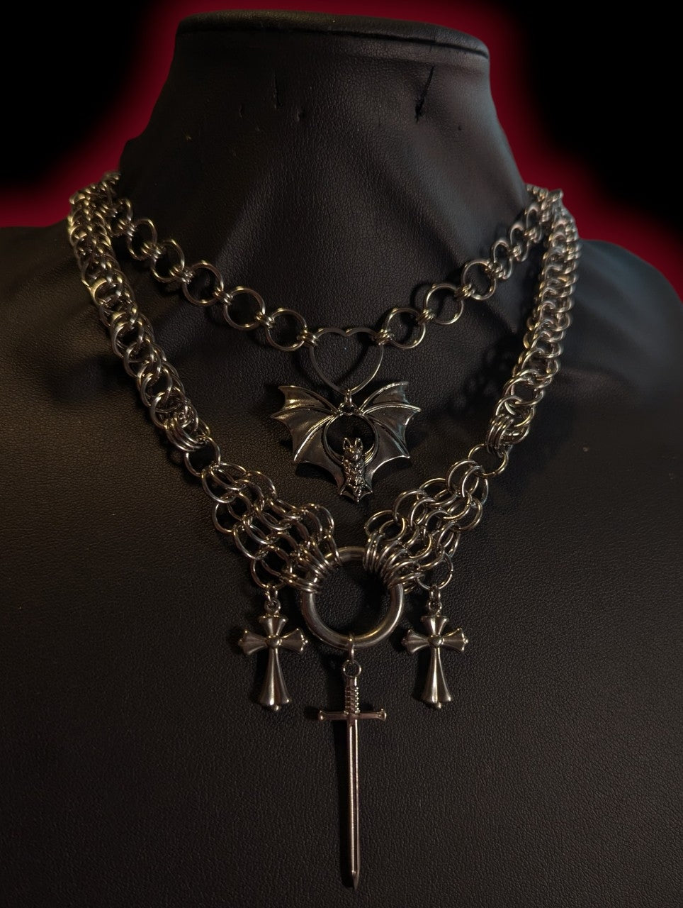 Dracula's Bat and Dagger Chainmail Necklace
