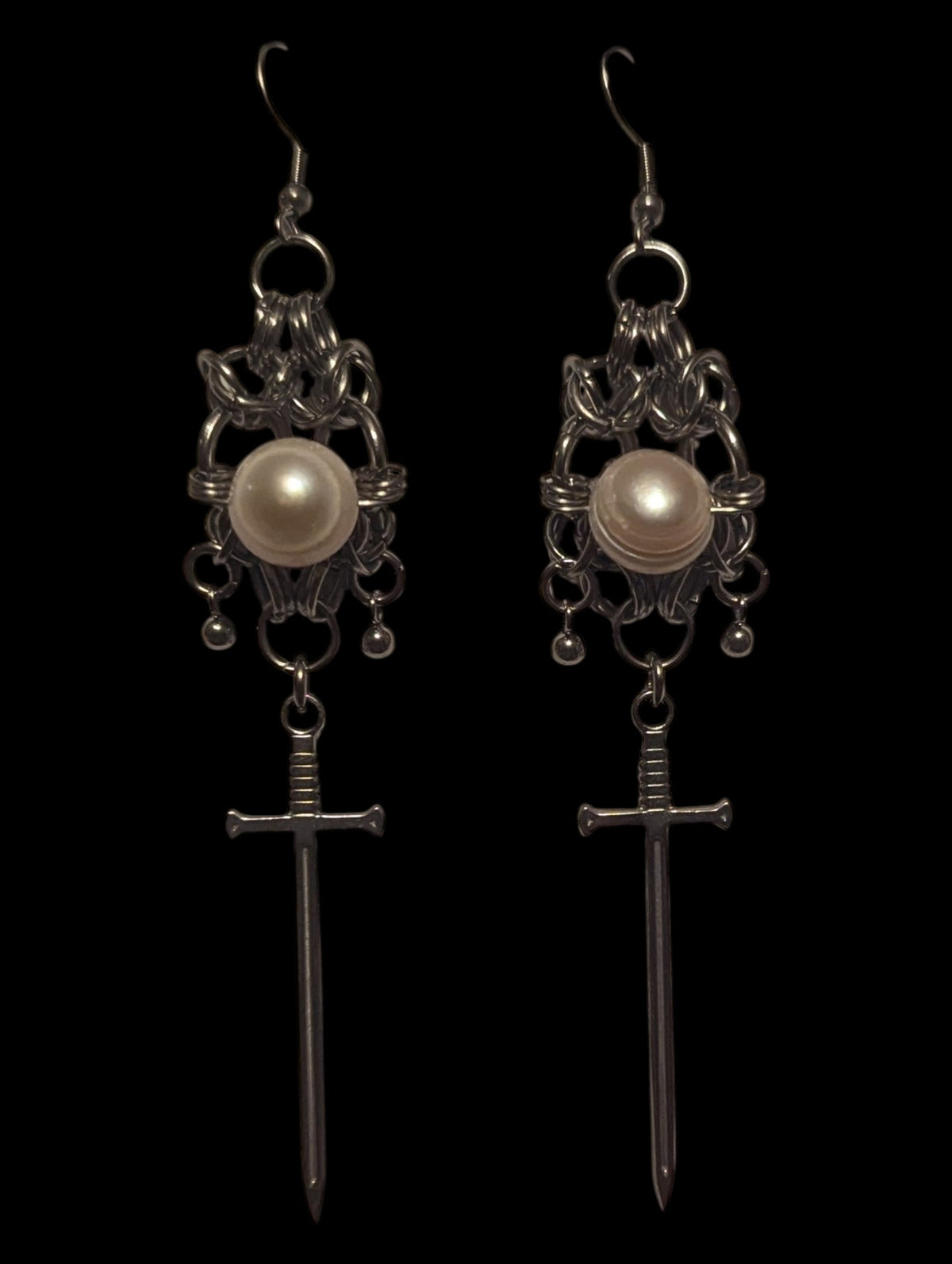 Freshwater Pearl and Sword Chainmail Earrings