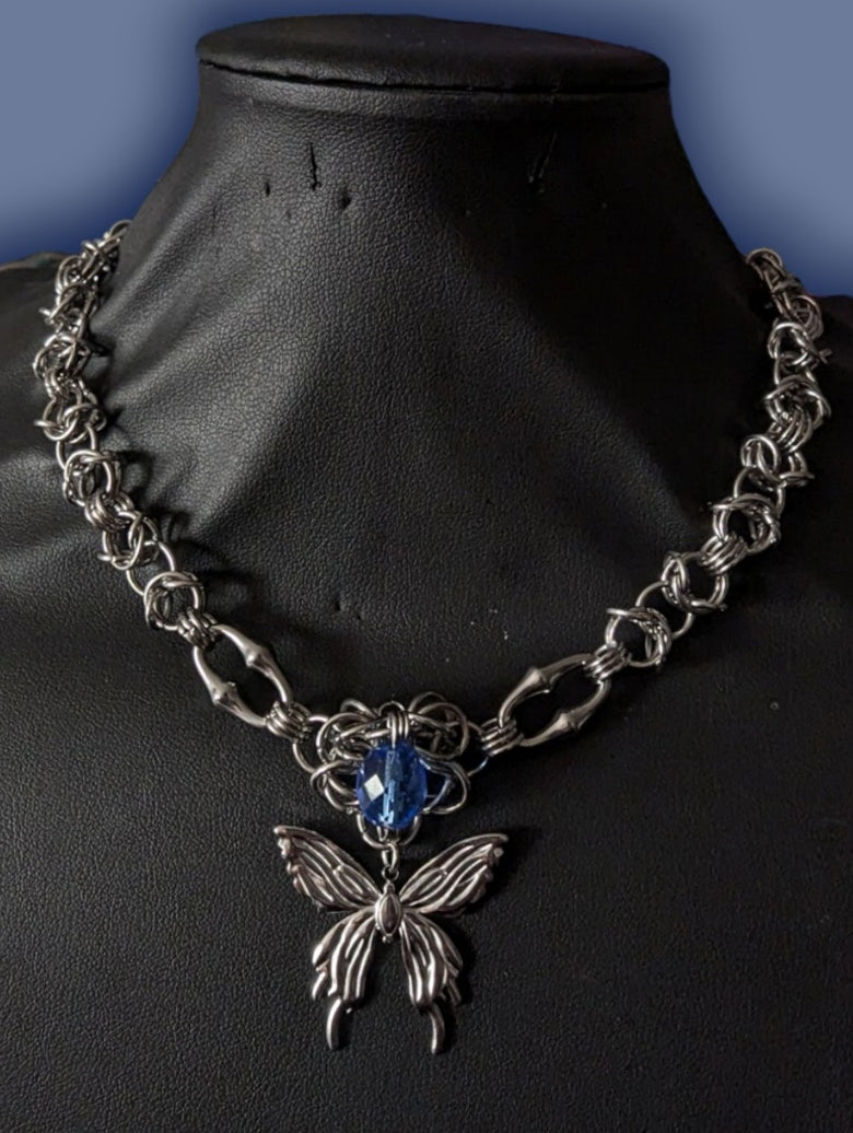 Y2K BLUE BUTTERFLY CHAINMAIL NECKLACE