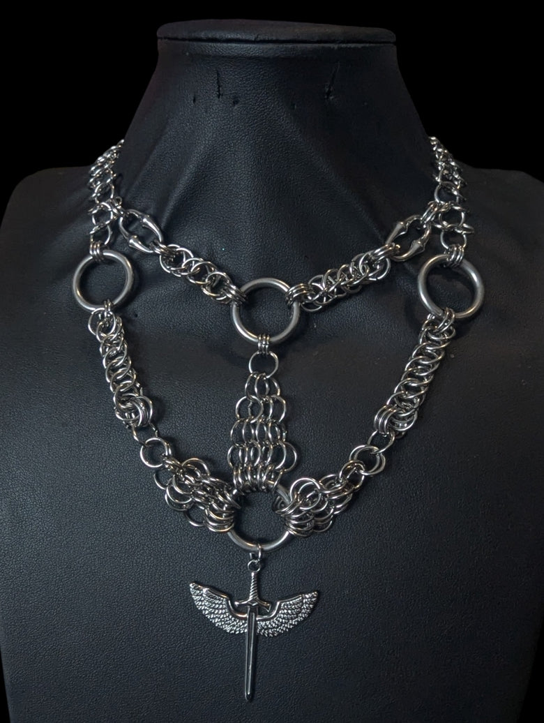 WINGED SWORD LAYERED CHAINMAIL NECKLACE