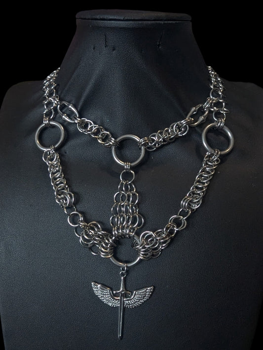 WINGED SWORD LAYERED CHAINMAIL NECKLACE