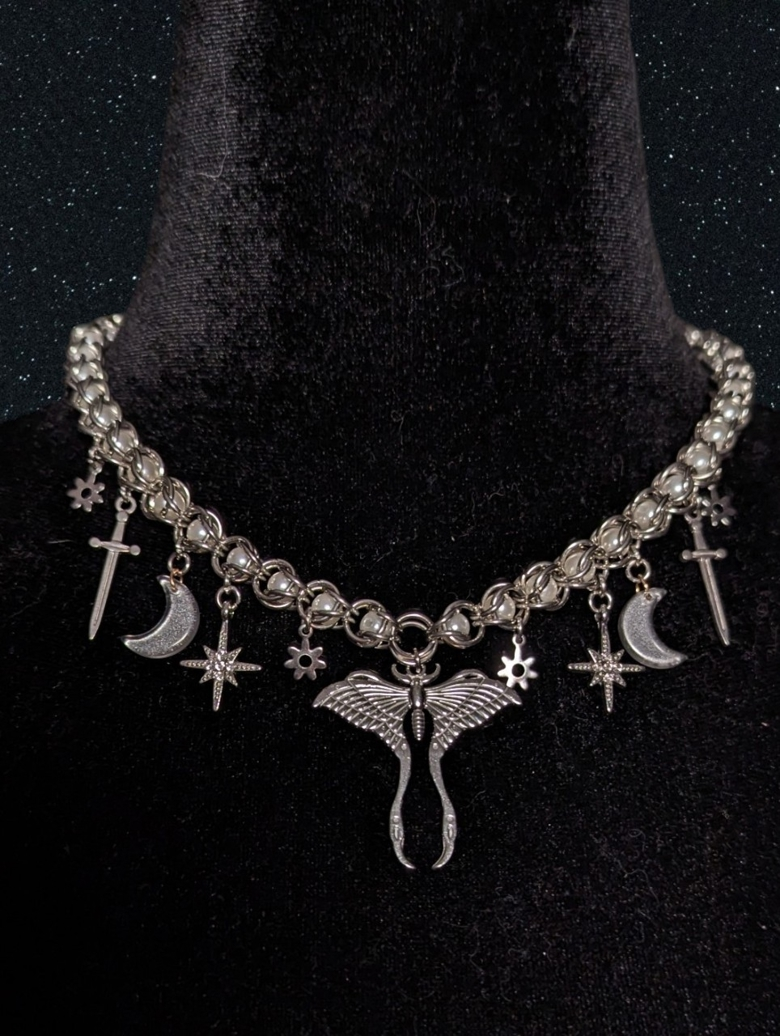 PEARLY MOON MOTH CHAINMAIL NECKLACE