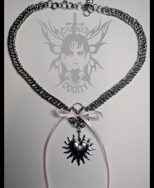 PINK RIBBON HEART CHAINMAIL NECKLACE
