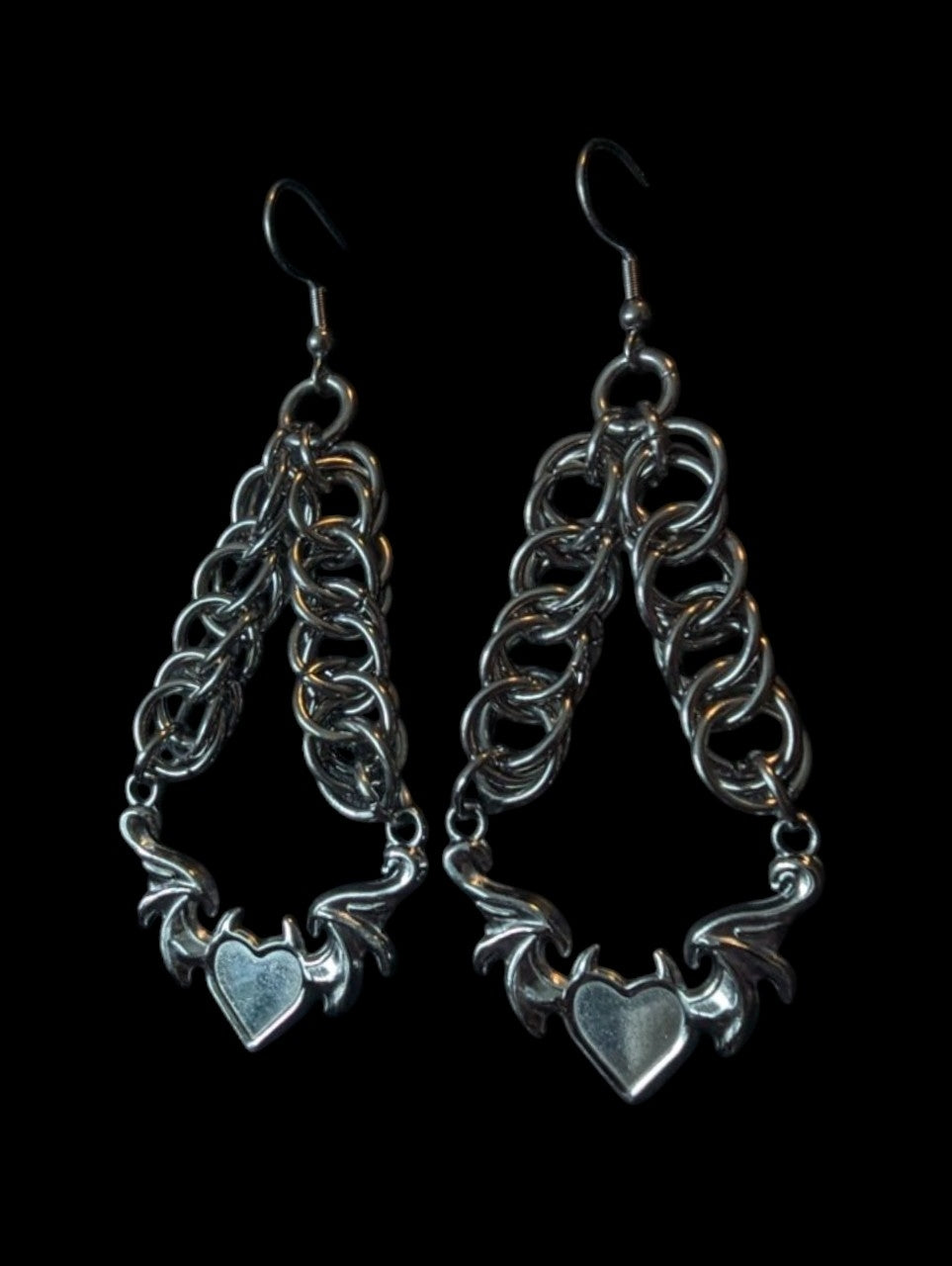 Gothic Winged Heart Chainmail Earrings