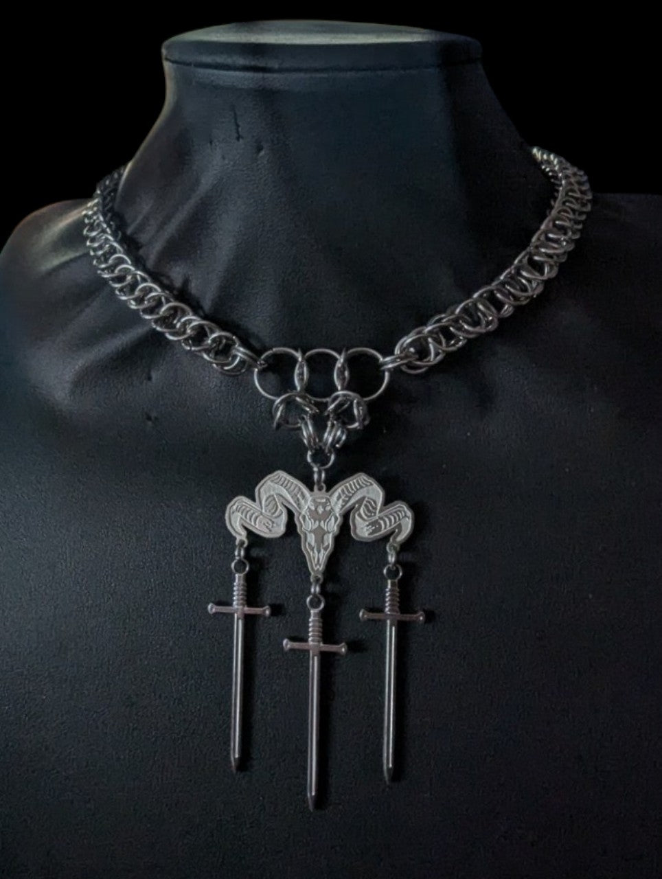Ram Skull and Swords Chainmail Necklace