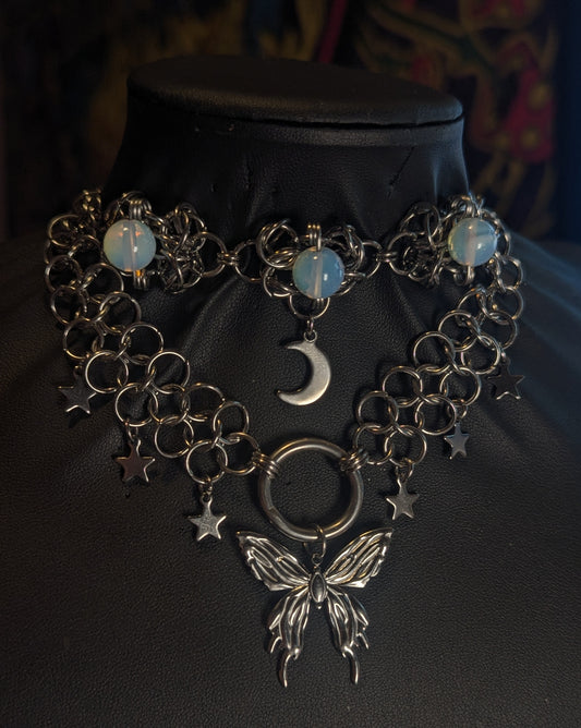 Mystical Butterfly Beaded Layered Chainmail Necklace