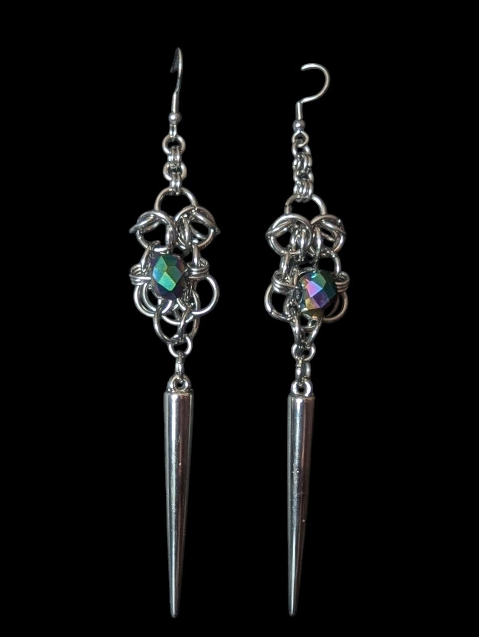 Dark Rainbow Beaded Spikes Chainmail Earrings