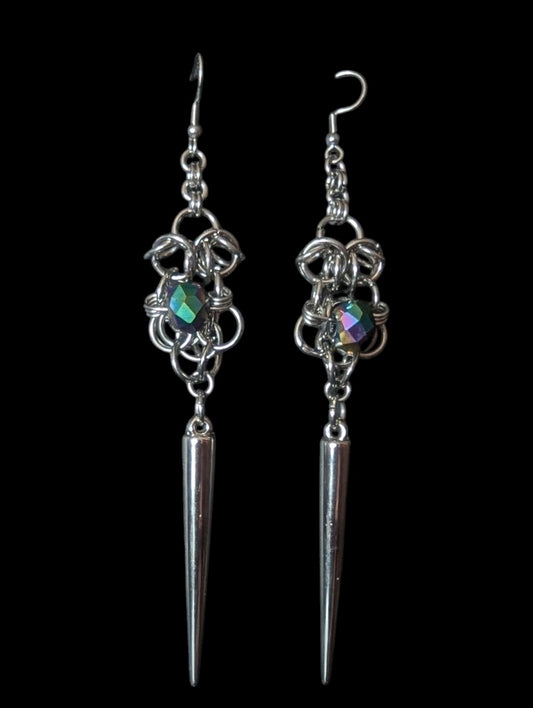 Dark Rainbow Beaded Spikes Chainmail Earrings