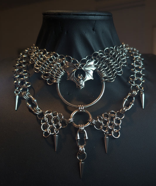 Gothic Layered Bat and Spikes Chainmail Necklace