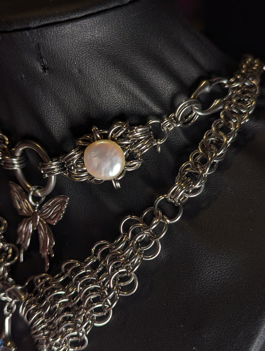 Freshwater Pearl Butterfly Layered Chainmail Necklace