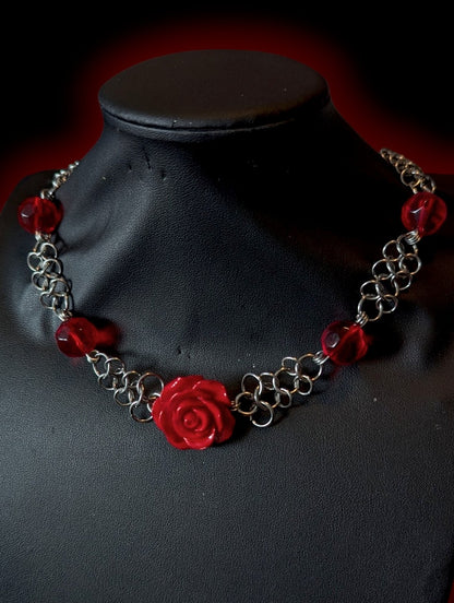 Red Rose Beaded Chainmail Necklace
