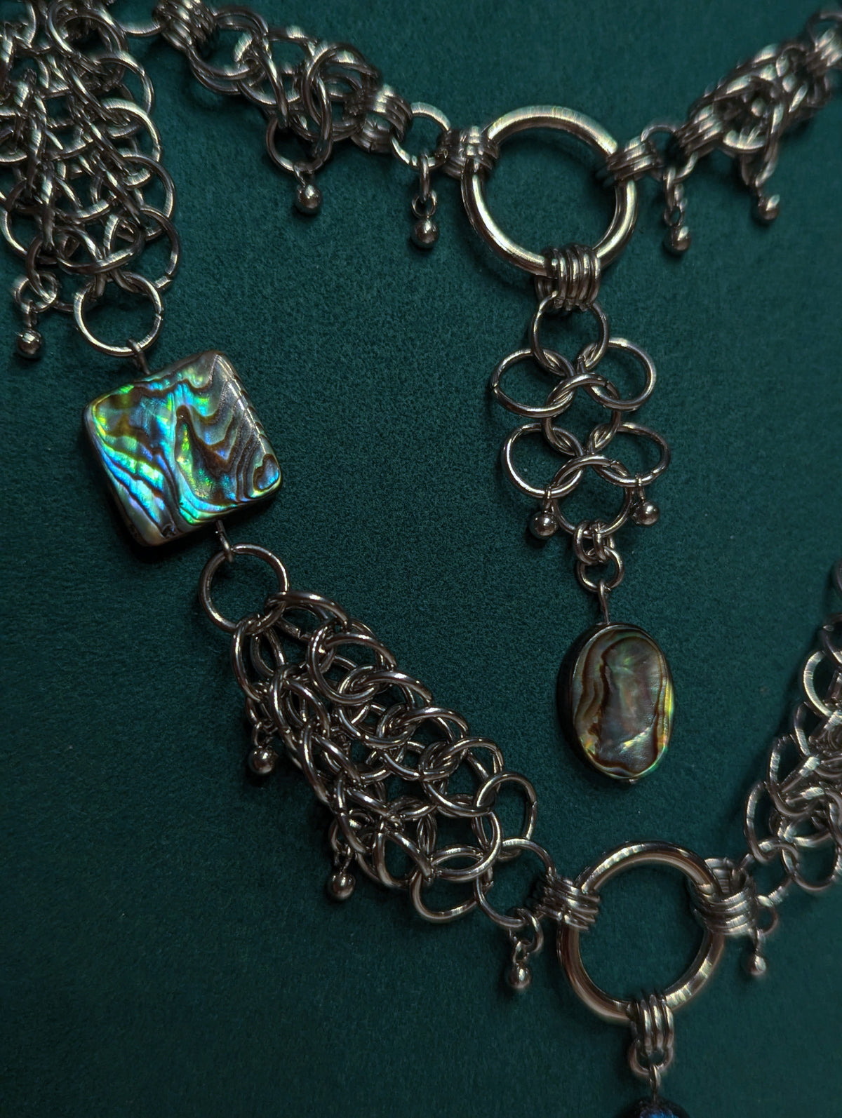 Scarab Beetle and Abalone Beaded Chainmail Layered Necklace