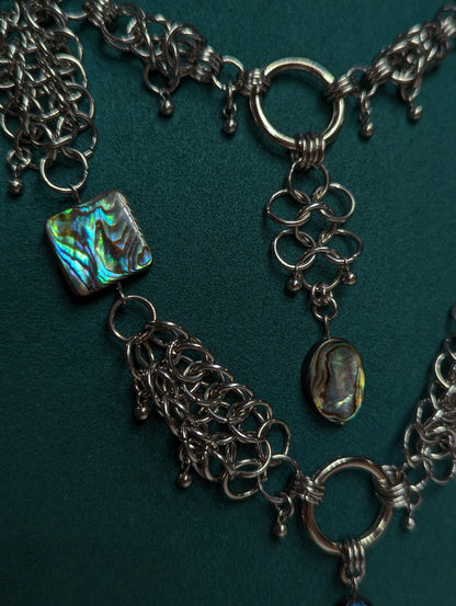 Scarab Beetle and Abalone Beaded Chainmail Layered Necklace