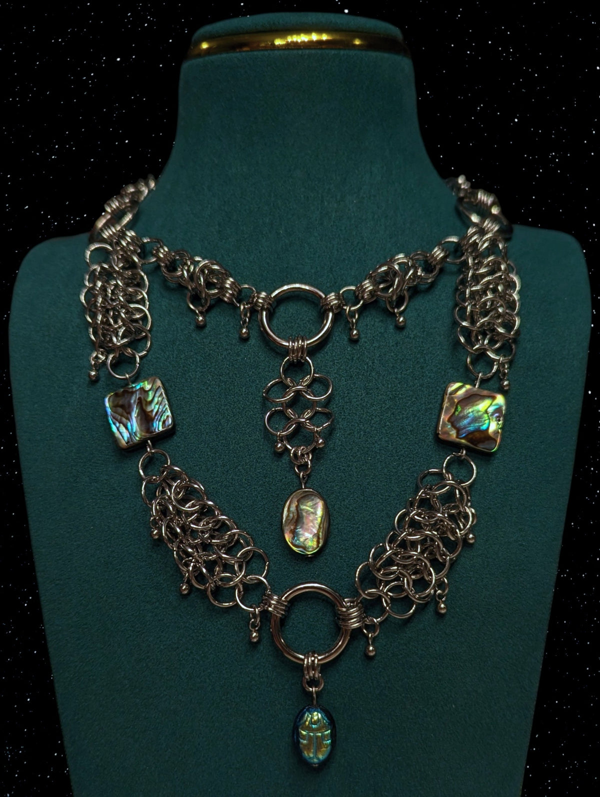 Scarab Beetle and Abalone Beaded Chainmail Layered Necklace
