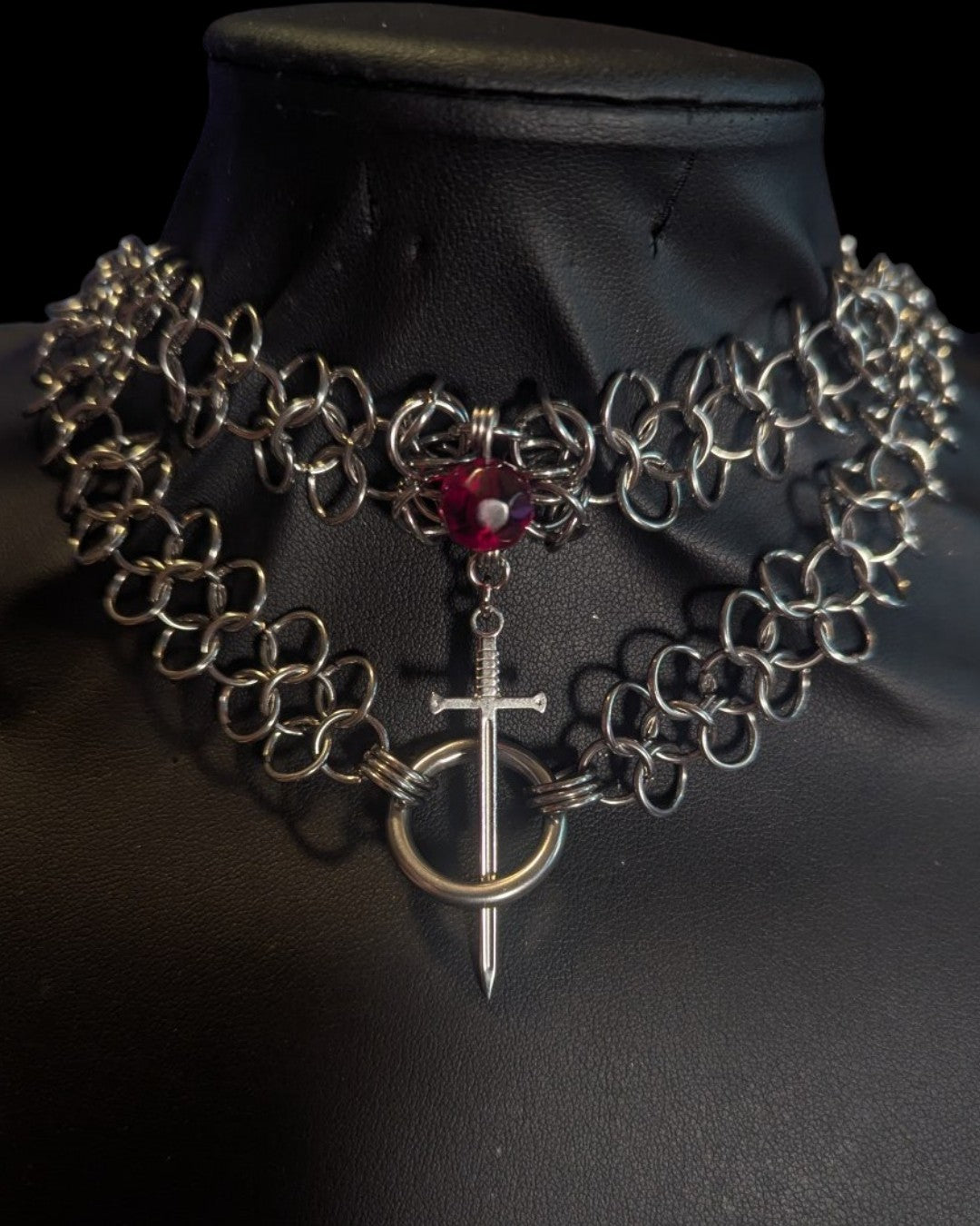 Dagger and Red Bead Chainmail Necklace