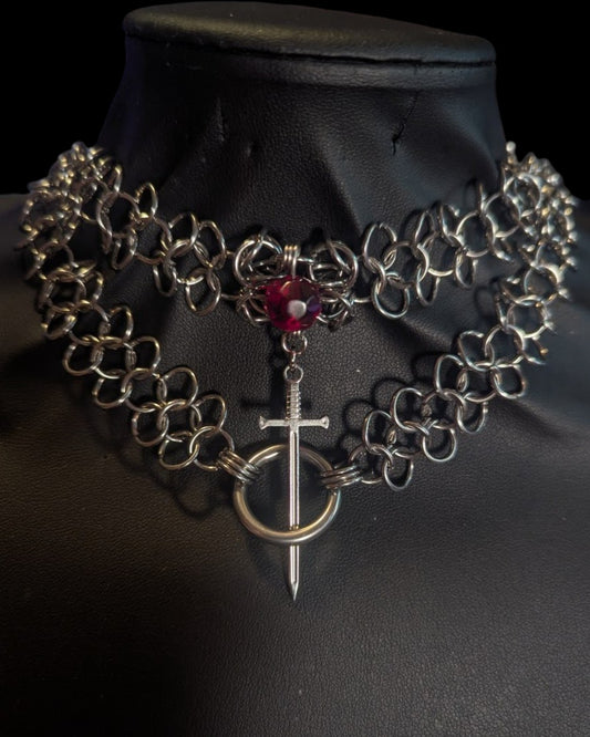 Dagger and Red Bead Chainmail Necklace