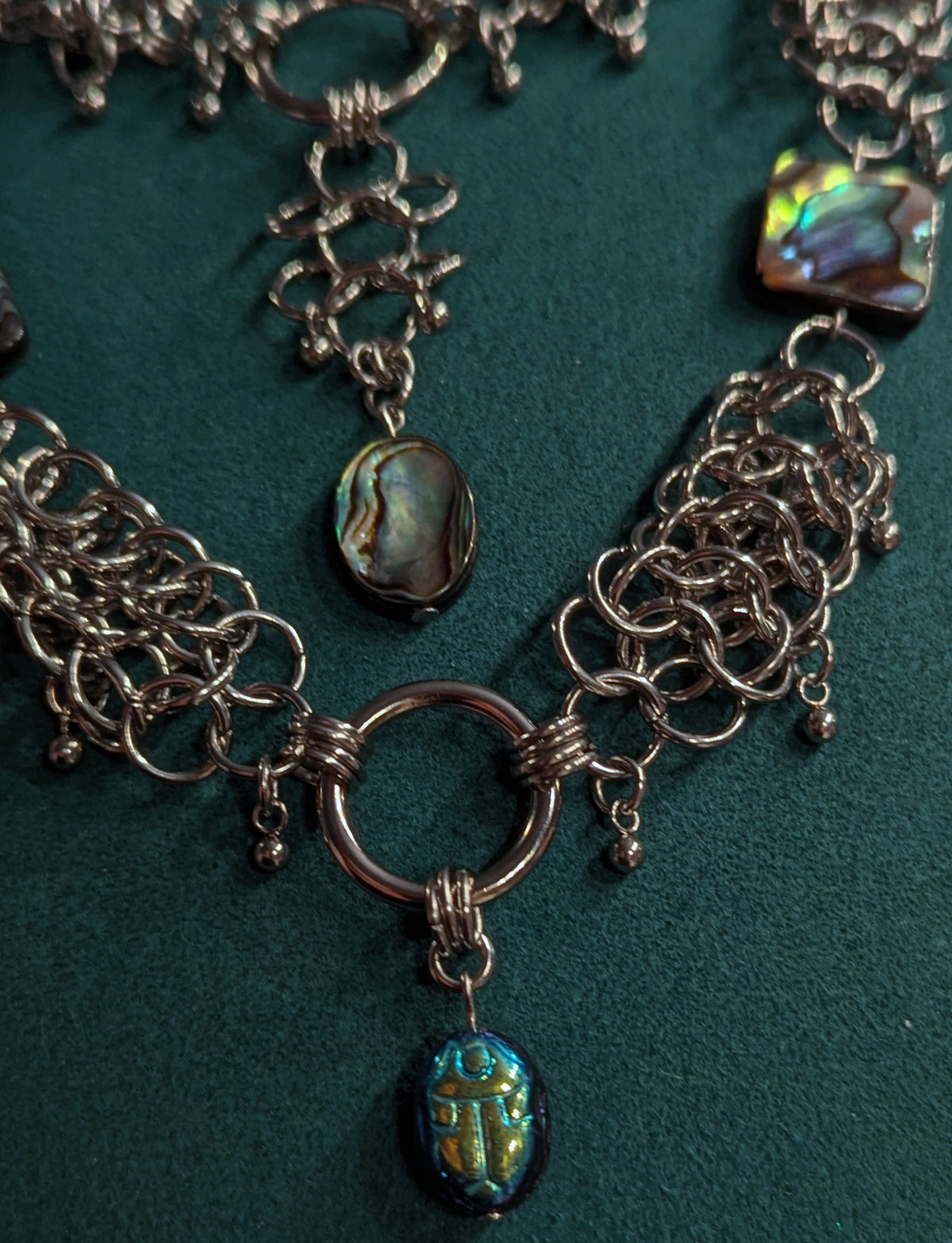 Scarab Beetle and Abalone Beaded Chainmail Layered Necklace