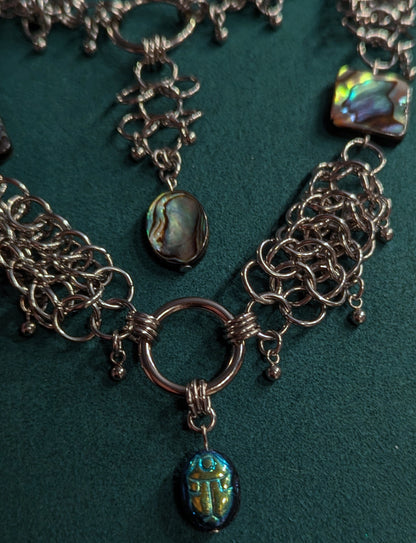 Scarab Beetle and Abalone Beaded Chainmail Layered Necklace