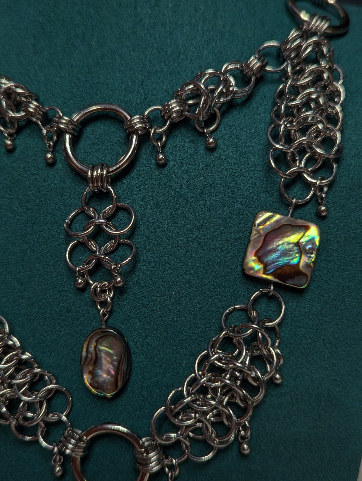 Scarab Beetle and Abalone Beaded Chainmail Layered Necklace