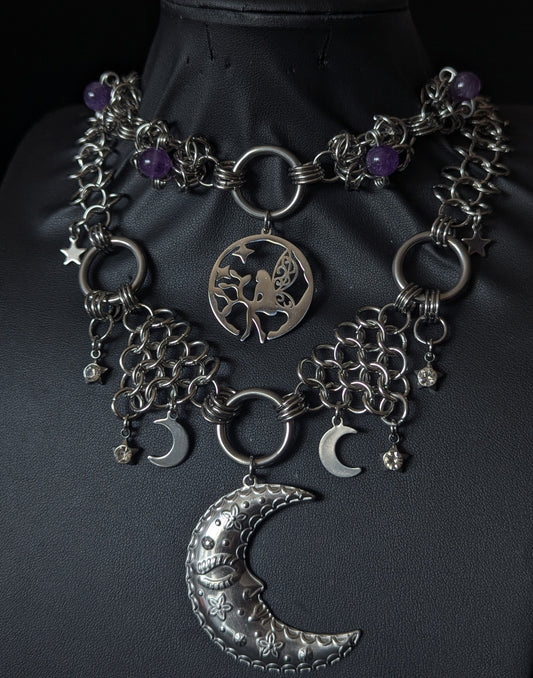 Moon Fairy Amethyst Layered Chainmail Necklace