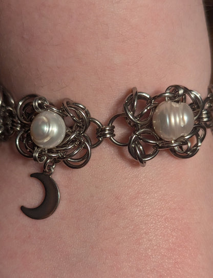 Freshwater Pearl Moon Chainmail Bracelet