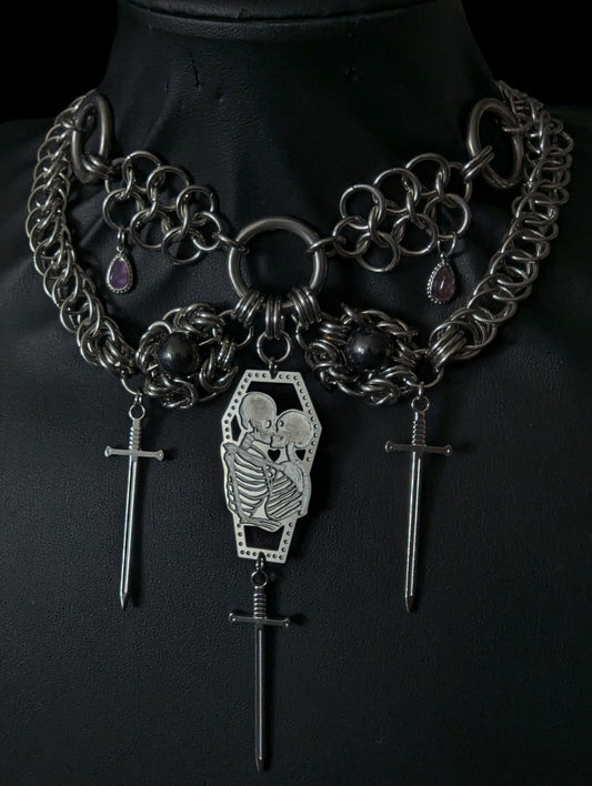 Skeleton Lovers & Hematite Beads Chainmail Necklace