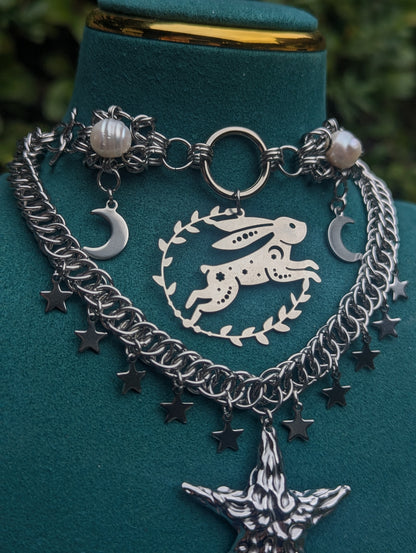 Freshwater Pearl Rabbit Starshine Layered Chainmail Necklace