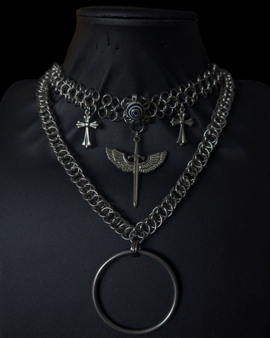 Angel Sword and Crosses Layered Chainmail Necklace