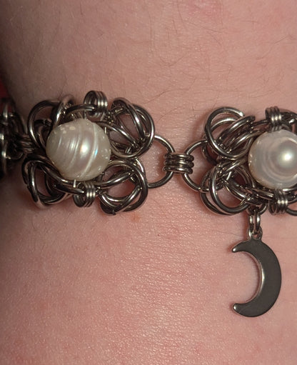 Freshwater Pearl Moon Chainmail Bracelet