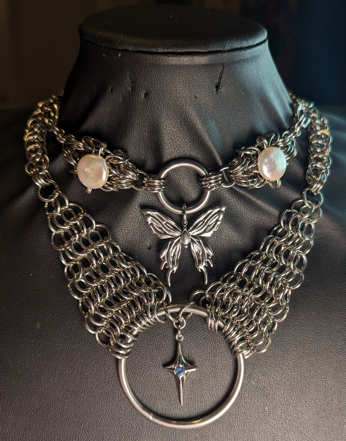 Freshwater Pearl Butterfly Layered Chainmail Necklace