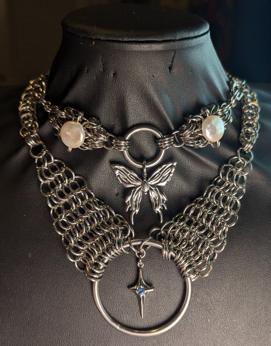 Freshwater Pearl Butterfly Layered Chainmail Necklace