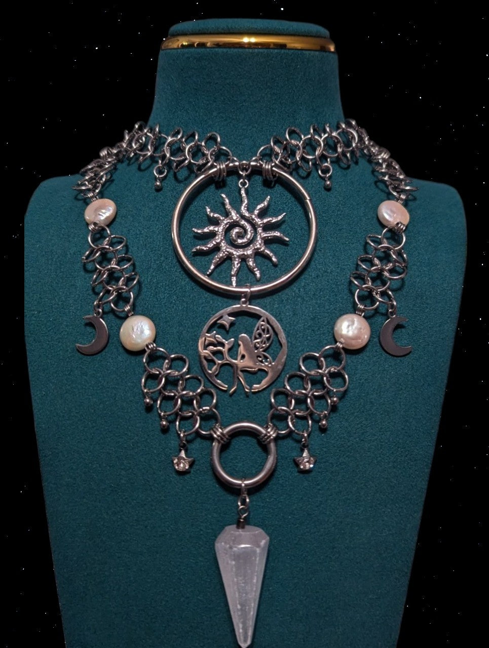Freshwater Pearl and Selenite Moonlight Fairy Chainmail Necklace