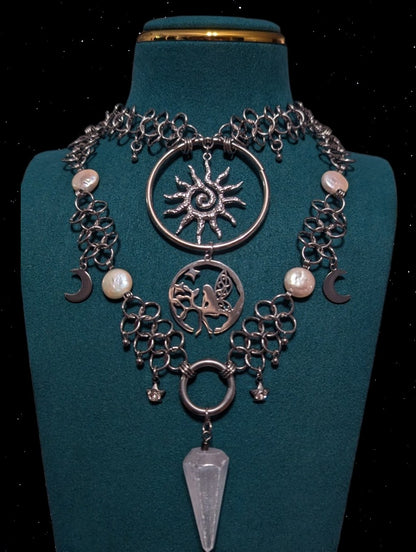 Freshwater Pearl and Selenite Moonlight Fairy Chainmail Necklace