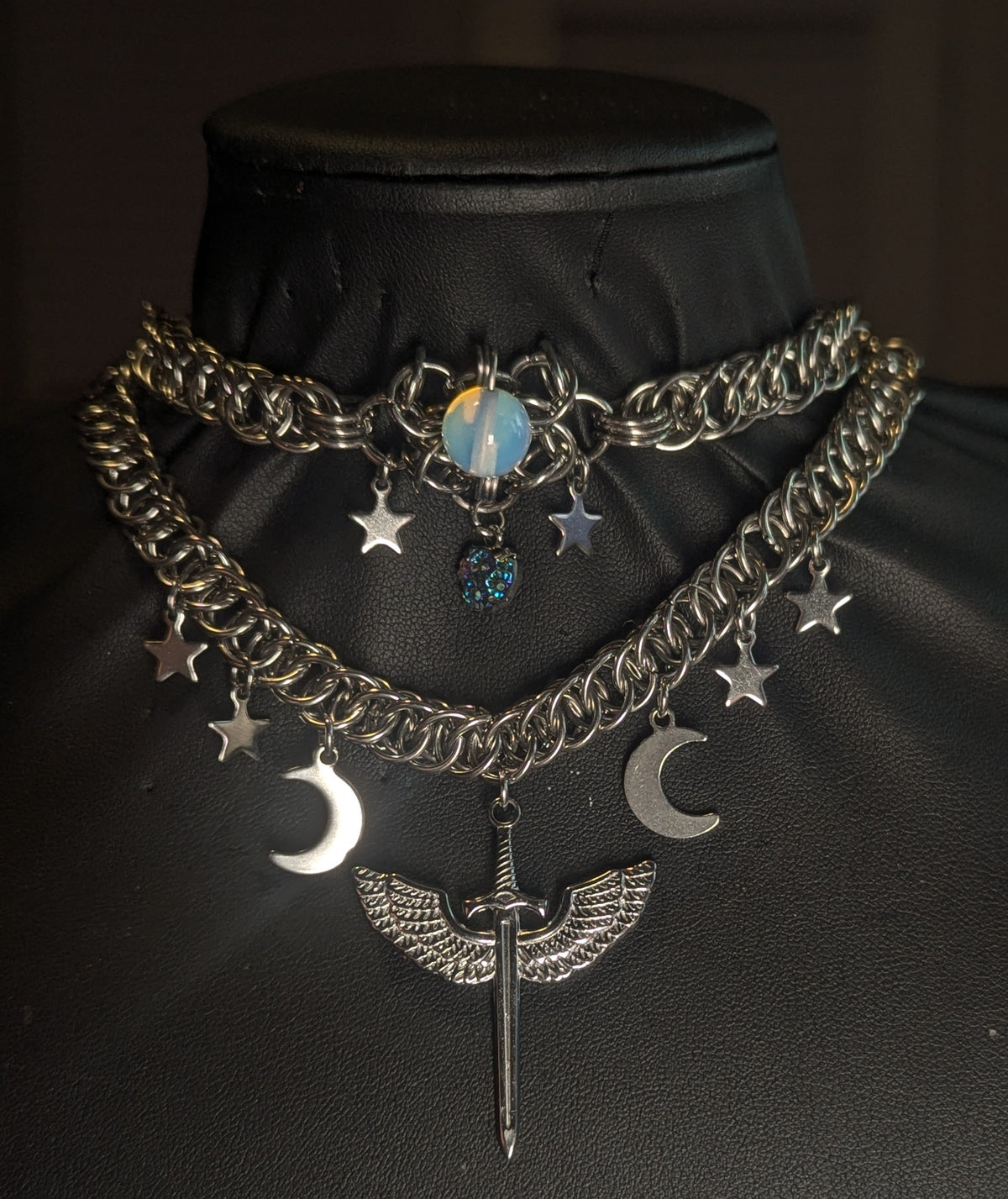 Cosmic Angel Sword Chainmail Layered Necklace
