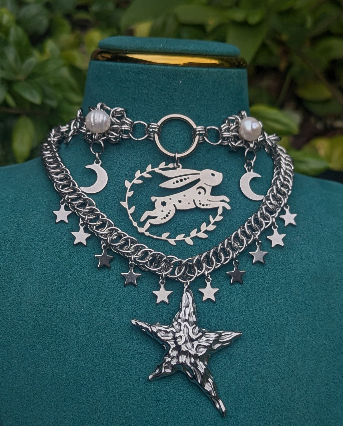 Freshwater Pearl Rabbit Starshine Layered Chainmail Necklace