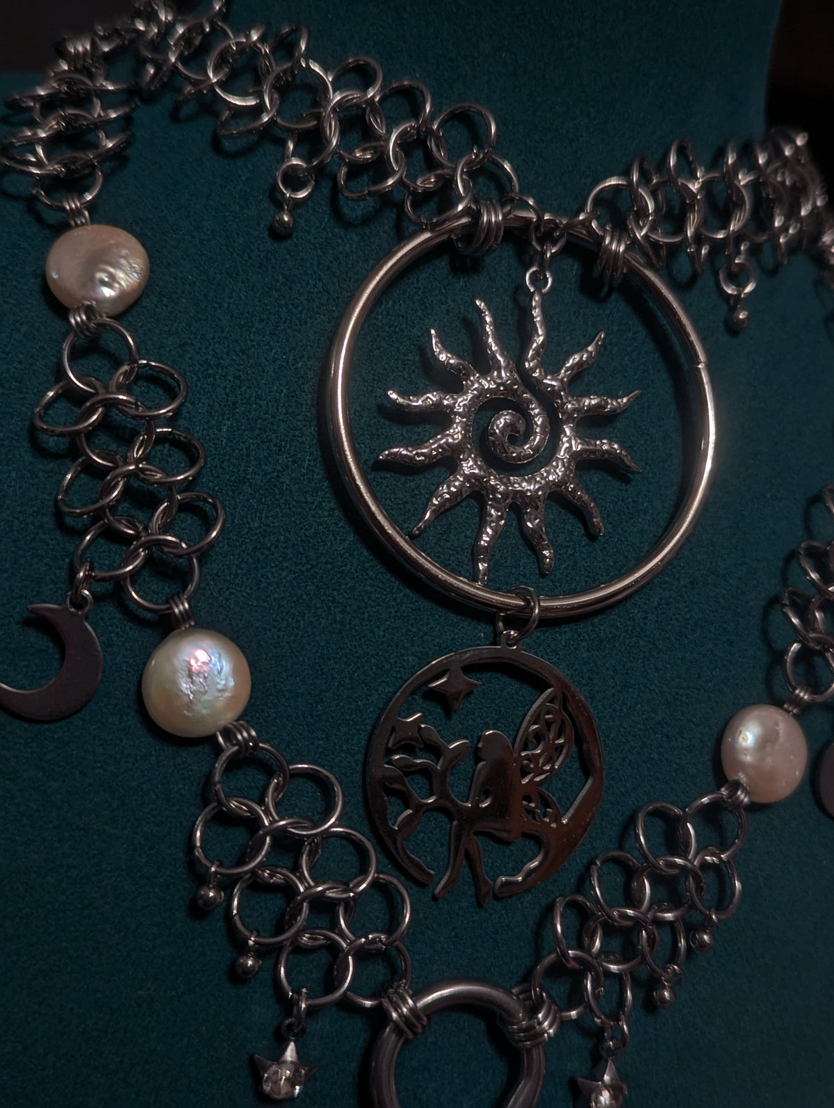 Freshwater Pearl and Selenite Moonlight Fairy Chainmail Necklace