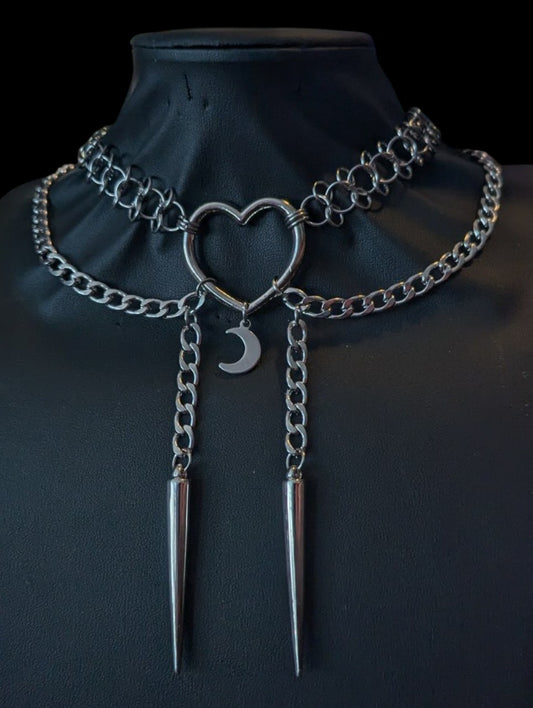 Bolo Inspired Moon and Spikes Chainmail Necklace