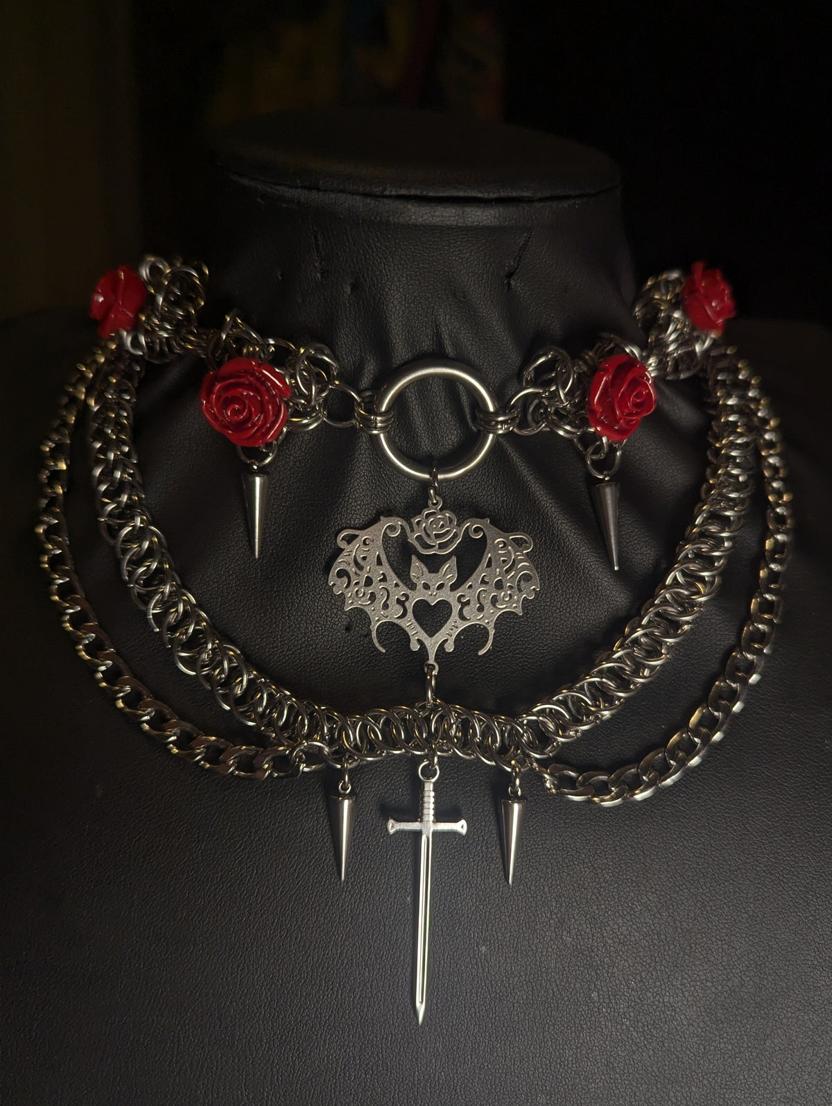 Bat and Roses Beaded Layered Chainmail Necklace