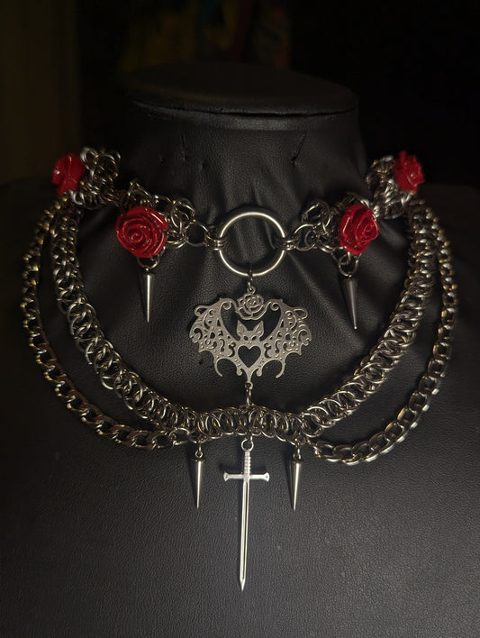 Bat and Roses Beaded Layered Chainmail Necklace
