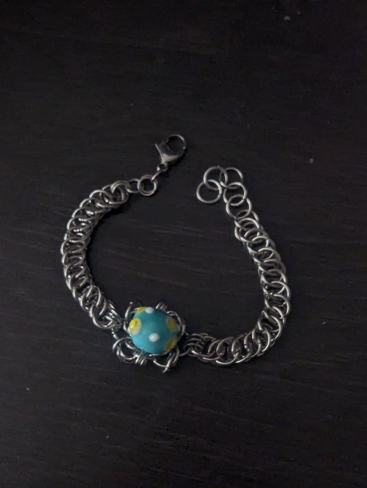 Funky Blue and Yellow Beaded Chainmail Bracelet